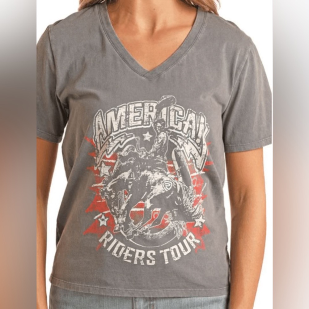 Rock & Roll Women's Indigo V-Neck American Rodeo Graphic Tee